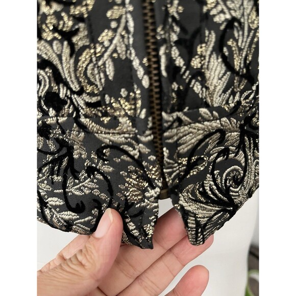 Georgiou floral Jacquard Jacket 10 Cropped 3/4 sleeve zip Black Gold Holiday NYE - Picture 7 of 9